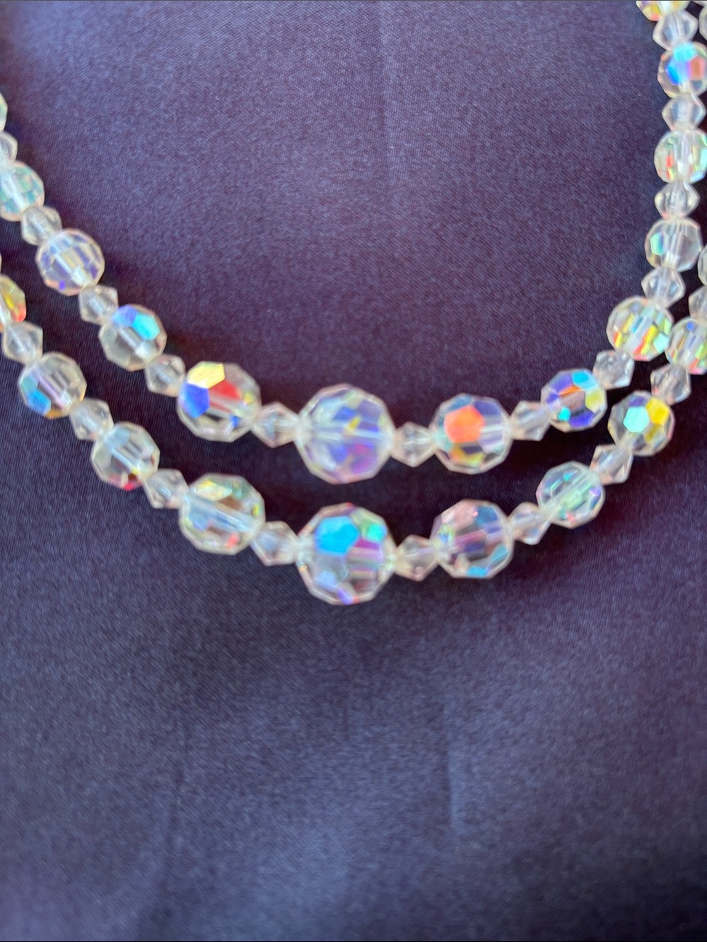 Vintage Aurora Borealis Crystal Faceted Double-Strand Necklace Chocker - Picture 2 of 4
